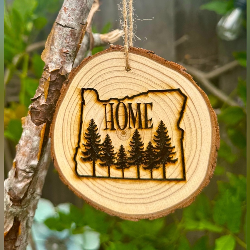 Wood Round Hanging ornament with burned  Oregon Home Design